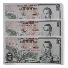 Colombia Trio Consecutivos 5 Pesos Oro 1980 Sin Circular