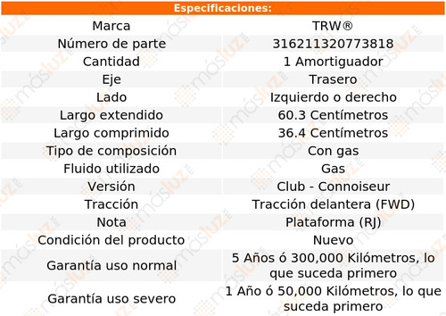 1- Amortiguador Gas Trasero Izquierdo O Derecho 75 2000 Trw Foto 2