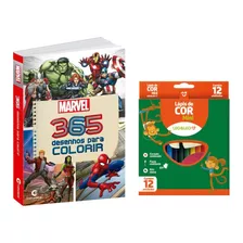 Kit Livro De Colorir Vingadores 365 Desenhos + Lápis De Cor