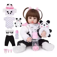 Boneca Bebê Reborn Realista Silicone Panda 48cm Olhos Marron