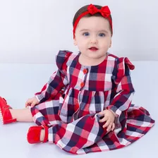 Vestido De Bebê Xadrez Lilás Luxo Com Tiara 100% Algodão 