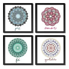 Kit 4 Quadros Mandalas Amor Paz Fé Gratidão 24x24 C/vidro