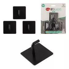 Kit 3 Ganchos Adesivo Parede Quadrado Preto Multiuso