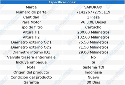 Filtro Aceite Audi Q7 V6 3.0l Diesel 08-11 Sakura Foto 2