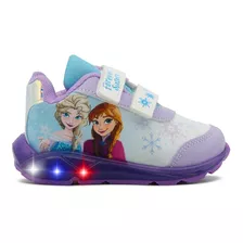 Tenis Luces Niña Frozen Ana Y Elsa Doble Velcro Lila 15-21