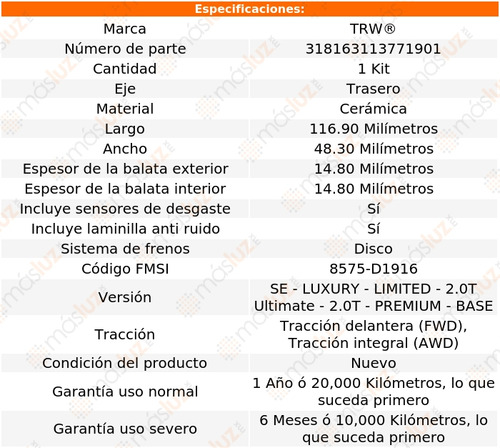 Balatas Ceramicas Traseras Santa Fe Sport 2017/2018 Trw Foto 2