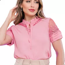 Blusa Social Evangélica Feminina Guipir Renda Gola Pérolas