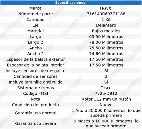 Balatas Bajos Metales Delanteras Audi Rs6 03-04 Trw Foto 2