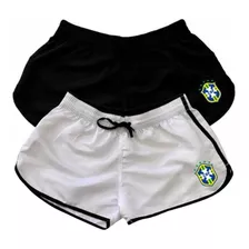 Kit 2 Shorts Feminino Tactel Time Brasil Moda Praia Futebol