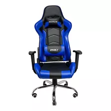 Cadeira De Escritório Mymax Mx7 Gamer Ergonômica Preto E Azul Com Estofado De Couro