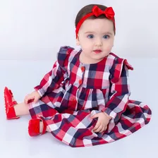 Vestido De Bebê Xadrez Manga Longa Com Tiara 100% Algodão