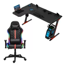 Escritorio + Silla Gamer Luz Led Rgb Porta Audifonos Color Negro