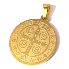 Pingente Medalha São Bento Dourado Grande Aço Inoxidável 