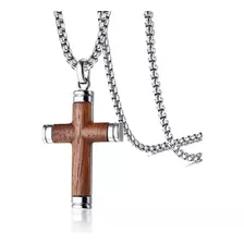Colar Masculino Crucifixo Madeira Aço 316l Prateado Garantia