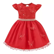 Vestido Infantil Renda Vermelho/rose Borboletas Batizado