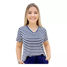Blusa Feminina Camiseta Listrada Plus Size Cropped Gola V 