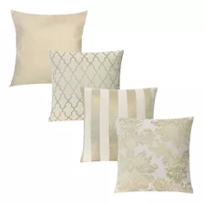 Kit 4 Capas Almofadas Jacquard Luxo Branco E Dourado 45x45 