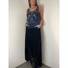 Vestido Azul De Terciopelo Largo Con Mostacillas Y Brillos