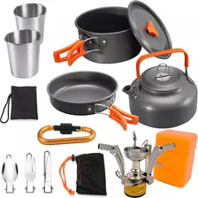 Kit Fogareiro Camping + Panelas Chaleira Talheres Copos Inox