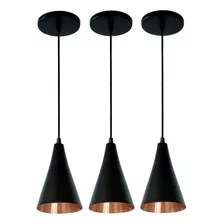  Trio Pendente Cone Preto Com Cobre Bancada Cozinha Gourmet