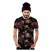 Camisa Camiseta Floral Preta E Rosa Masculina Top