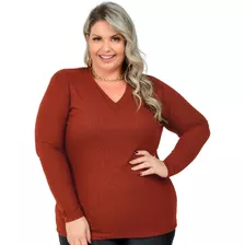 Blusa De Manga Longa - Plus Size - Gola V - Malha Canelada