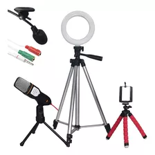 Kit Youtuber Ring Light 26cm Tripé 1,20 Microfone De Mesa