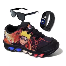 Tênis De Led Infantil Masculino Naruto Mais Relogio E Oculos