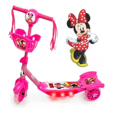 Patinete 3 Rodas Infantil Rosa Luz Musica Minnie Cesta