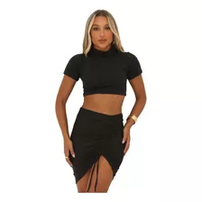 Conjunto Feminino Cropped Manga Curta Gola Alta E Saia