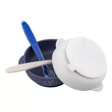 2 Platos Hondos De Silicón Con Succión Y 2 Cucharas Papubaby Color Azul Marino/blanco Mármol Bowl Con Succion