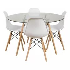 Comedor Mesa Eames Vidrio 100cm + 4 Sillas Eames Blancas