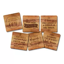 Kit Com 6 Porta Copos Em Mdf - Frases De Boteco - 9,5x9,5cm