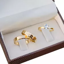 Alianças De Casamento Ouro 18k Chanfrada 4mm +solitário Ouro