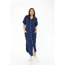 Vestido Chemise Longo Feminino Com Gola Colarinho Molinho