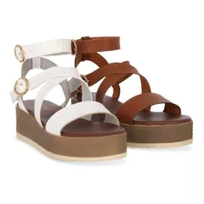 Sandalia Plataforma Mujer Color Blanco Y Miel 4cm Duo060