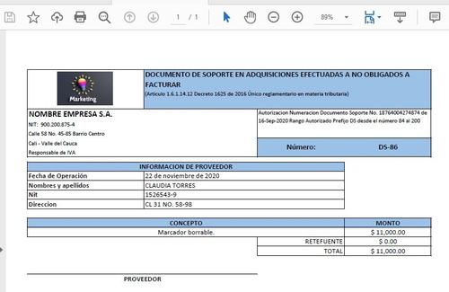 Documento Soporte (plantilla En Excel) Con Requisitos Dian