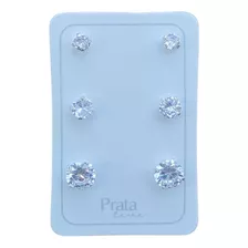 Kit Trio Brinco Prata 925 Pedra Zircônia Legítima Garantia