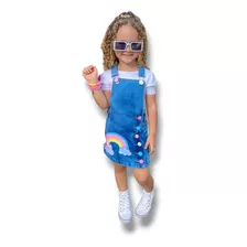 Jardineira Arco-íris Saia Jeans Infantil Vestido Menina Luxo