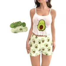 Pijama Dama Estampado Aguacate Blanco Verde Short Tirantes