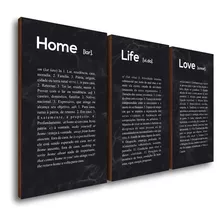 Kit 3 Quadros Decorativos Home Life Love 50x90cm Frases Cor Preto Cor Da Armação Marrom-escuro