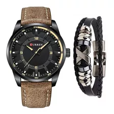 Relógio Masculino Original Curren Couro Aço Inox + Pulseira Cor Da Correia Marrom Cor Do Bisel Preto Cor Do Fundo Preto