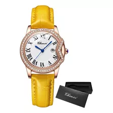 Relógios Impermeáveis Femininos Chenxi Diamond Leather Correia Amarelo