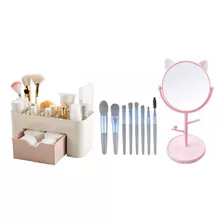 Set Organizador De Maquillaje + Espejo + 8 Pinceles LG