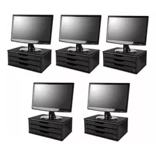 Conj. 5 Suporte P/ Monitor Mdf Black Piano 3 Gavetas Black