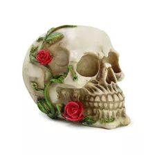 Estátua Crânio Caveira Com Rosas Flores Vermelhas Rosto Osso