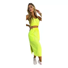 Conjunto Moletom Cropped Feminino Saia Midi Neon Liso Verão