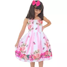 Vestido Infantil Festa Floral Natal Rosa Azul Flores+ Brinde