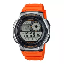 Reloj Pulsera Casio Youth Series Ae-1000 De Cuerpo Color Plateado, Digital, Para Hombre, Fondo Negro, Con Correa De Resina Color Naranja, Dial Negro, Subesferas Color Gris, Minutero/segundero Negro, B