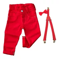 Kit Calça De Sarja + Suspensório Gravata Menino Infantil